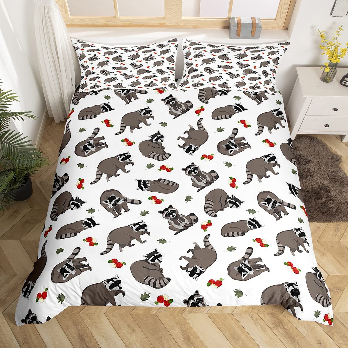 Homemissing Cute Raccoons Comforter Cover Set Cartoon Raccoon Duvet Cover Set for Kids Boys Girls Lovely Apples Leaves Bedding Set Grey Animal Quilt Cover 2Pcs Bedding Single