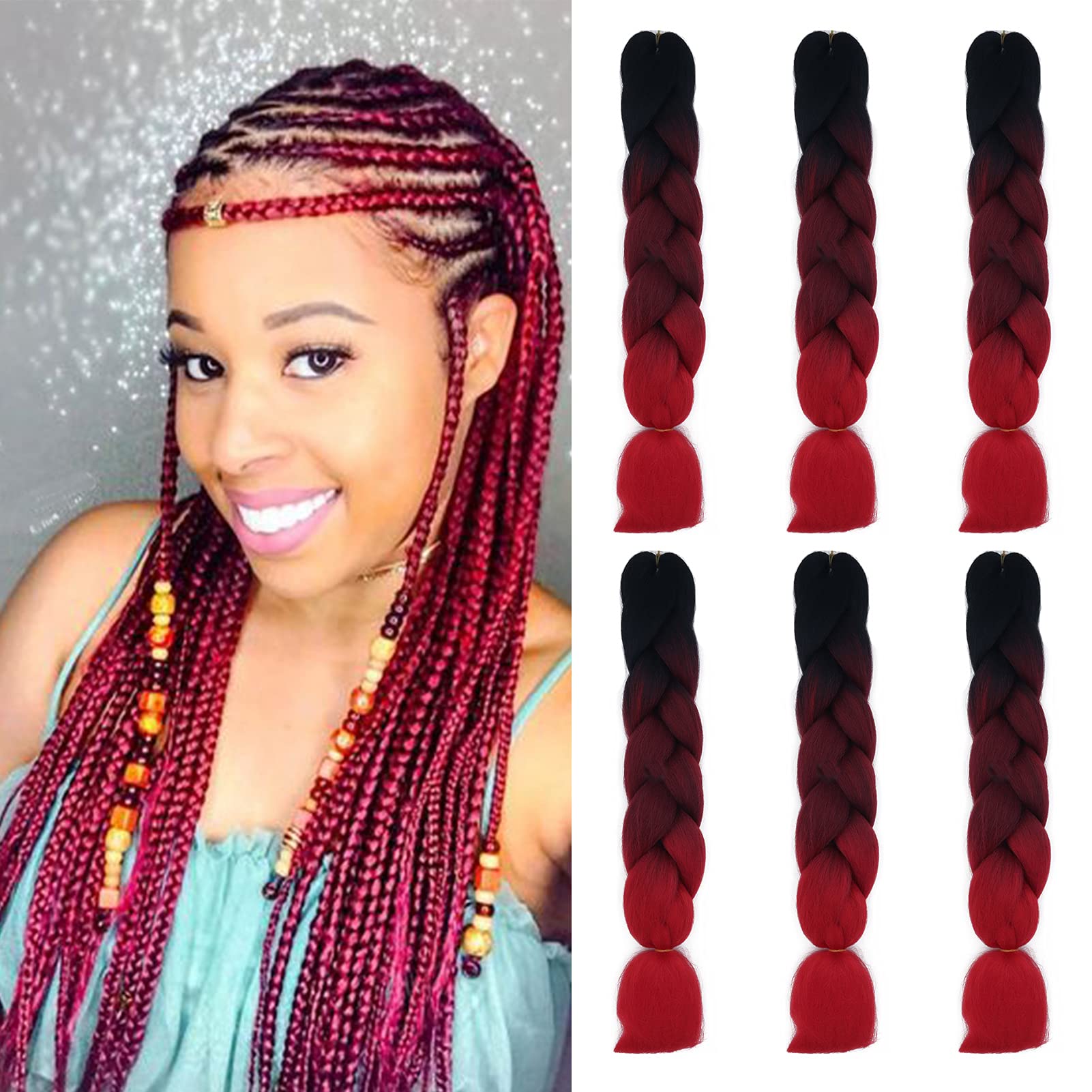 Cybelleza 6 Pcs /600g 24" Braiding Hair Extensions Jumbo Braids Synthetic Crochet Hair Afro Box Braid Heat Resistent (Black&Wine Red&Red)