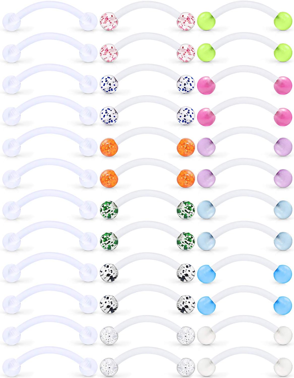 Ftovosyo 14G 16mm Glitter Bioflex Flexible Acrylic Curved Barbell Snake Eyes Tongue Nipple Ring Body Piercing Jewelry Retainer 8-36PCS
