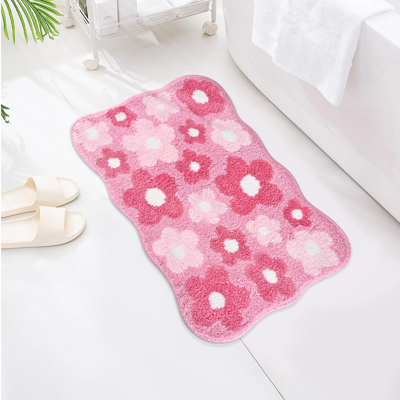Photo 1 of Floral Color Bathroom Rugs, 18"x24" Cute Flower Shaped Bath Mat, Non-Slip Extra Soft and Absorbent Carpet Rug for Floor Tub Shower, Machine Washable, Thick Microfiber Plush Bathmat (Pink)
