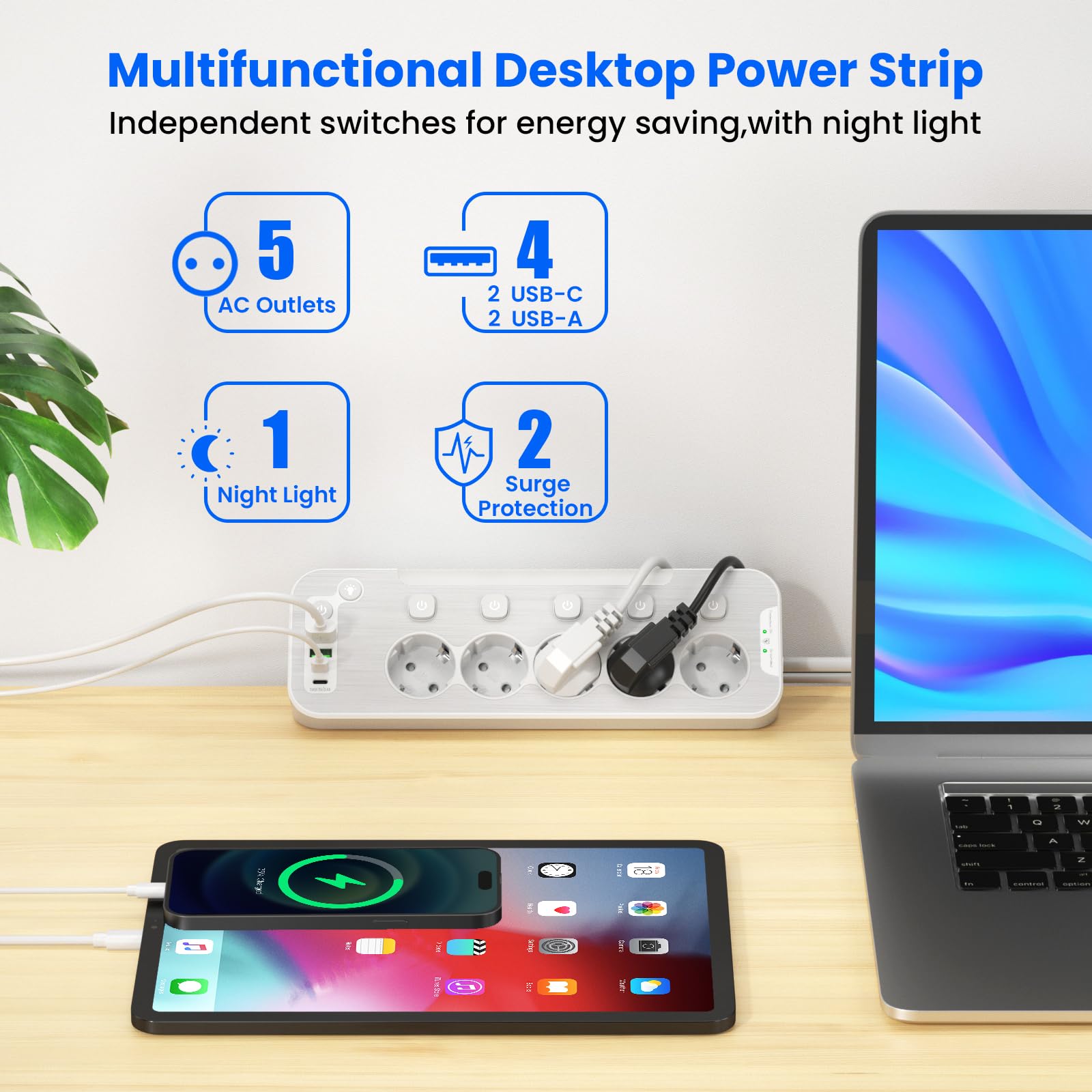 Tischsteckdose mit USB,5-Fach Steckdosenleiste Einzeln Schaltbar,Ecksteckdose Küche und Büro,Wandmontage Mehrfachsteckdose mit Schalter,Metall Steckerleiste Überspannungsschutz 2M Kabel,Weiß 2