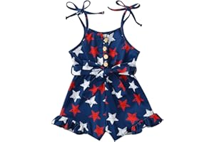 Okbabeha 4th of July Outfit Toddler Girl Stars Stripe Flag Tie-Up Romper Overall Shorts Little Girls 4th of July Clothing