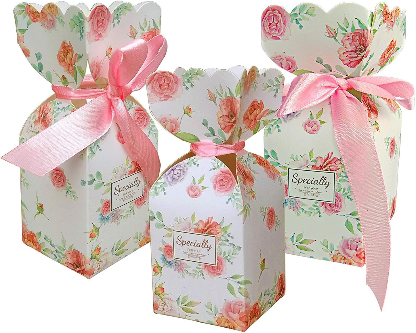 LASLU 50 Pcs Floral Pattern Candy Boxes Wedding Birthday Party Favor Gift Box with 50pcs Light Pink Ribbon (Light Pink, 5cm x 5cm x 6.5cm)