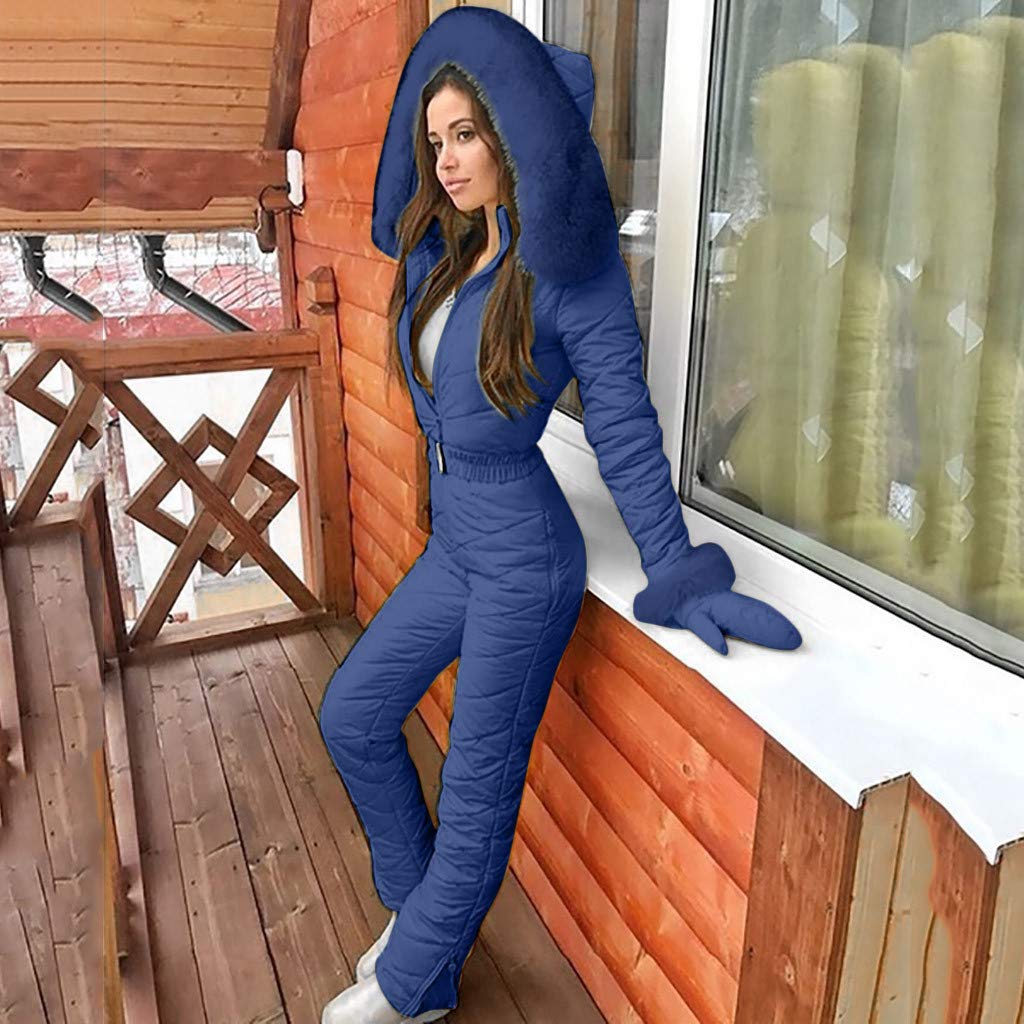 Lazapa Women Winter Sports Jumpsuit, Outdoor Zipper Hooded Ski Suit Plus Velvet Thicken Windproof Waterproof Windbreaker
