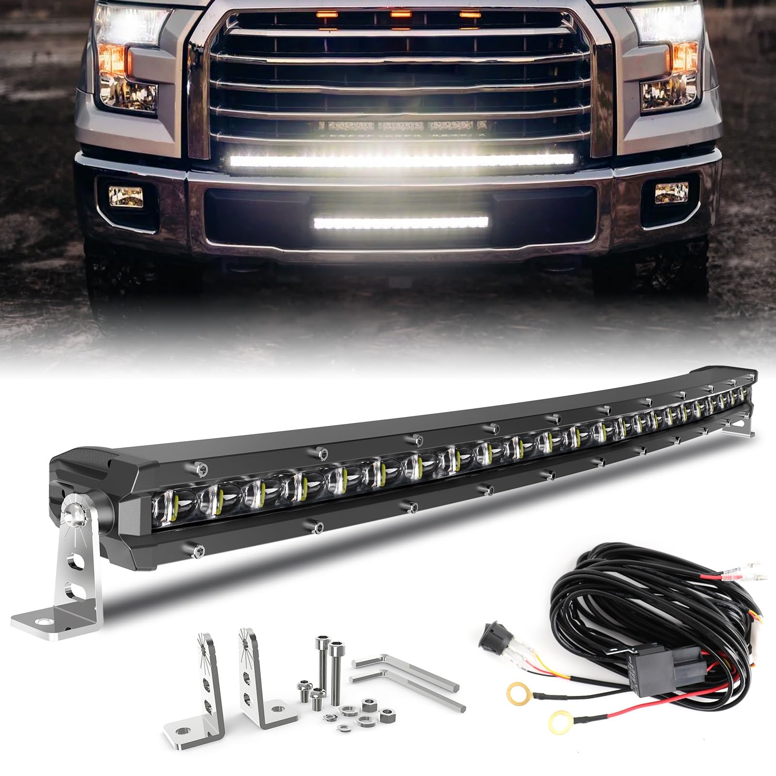 Photo 1 of BraveWAY LED Light Bar Curved 26 Inch Single Row Offroad Lighting Driving Lightbar Spot Flood Combo Beam LED Work Light for Trucks UTV ATV SUV 4WD 4X4 Pickup