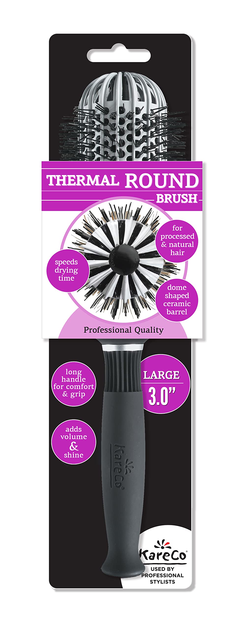 KareCo Large Ionic Thermal Round Brush For Bouncy Curls & Volume, Dome-Shaped Barrel For Quick-Drying, Rehydrates & Re-Conditions Hair - Black & Silver