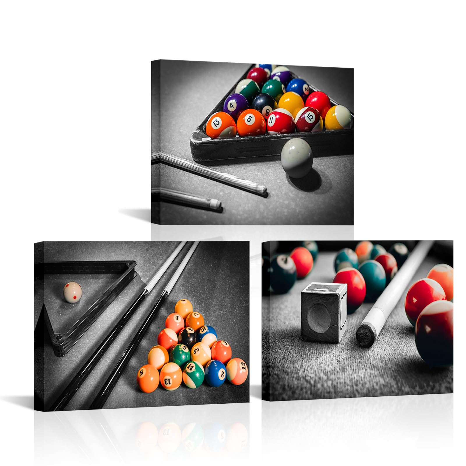 Photo 1 of Canvbay 3 Pieces Wall Art Colorful Billiard Balls in Black White Pool Table Canvas Prints Snooker Shooting Pictures Leisure Sport Poster for Game Room Club Bar Home Decor