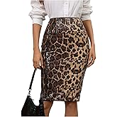 Floerns Women's Leopard Sparkly Sequin High Waisted Bodycon Skirt Glitter Knee Length Pencil Skirt