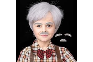 HONCLOUD White Old Man Wig with Mustache and Eyebrows Grandpa Costume Accessories for Boy Kid for 100 Days of School Halloween Party