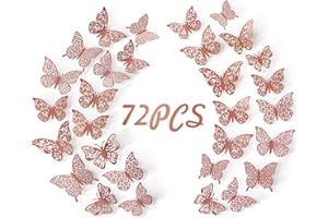 UMONIE 3D Butterfly Wall Decals - 72 PCS 3 Sizes 6 Styles Rose Gold Butterfly Decorations - Butterfly Birthday Party Decorations/Butterfly Cake Decorations/Butterfly Stickers for Kids Bedroom Nursery Wedding