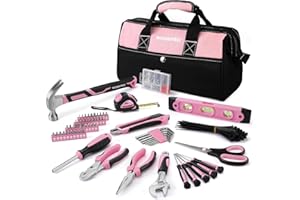 WORKPRO Pink Tool Kit, 263-Piece Home Repairing Tool Set with Wide Mouth Open Storage Bag, Household Tool Kit - Pink Ribbon