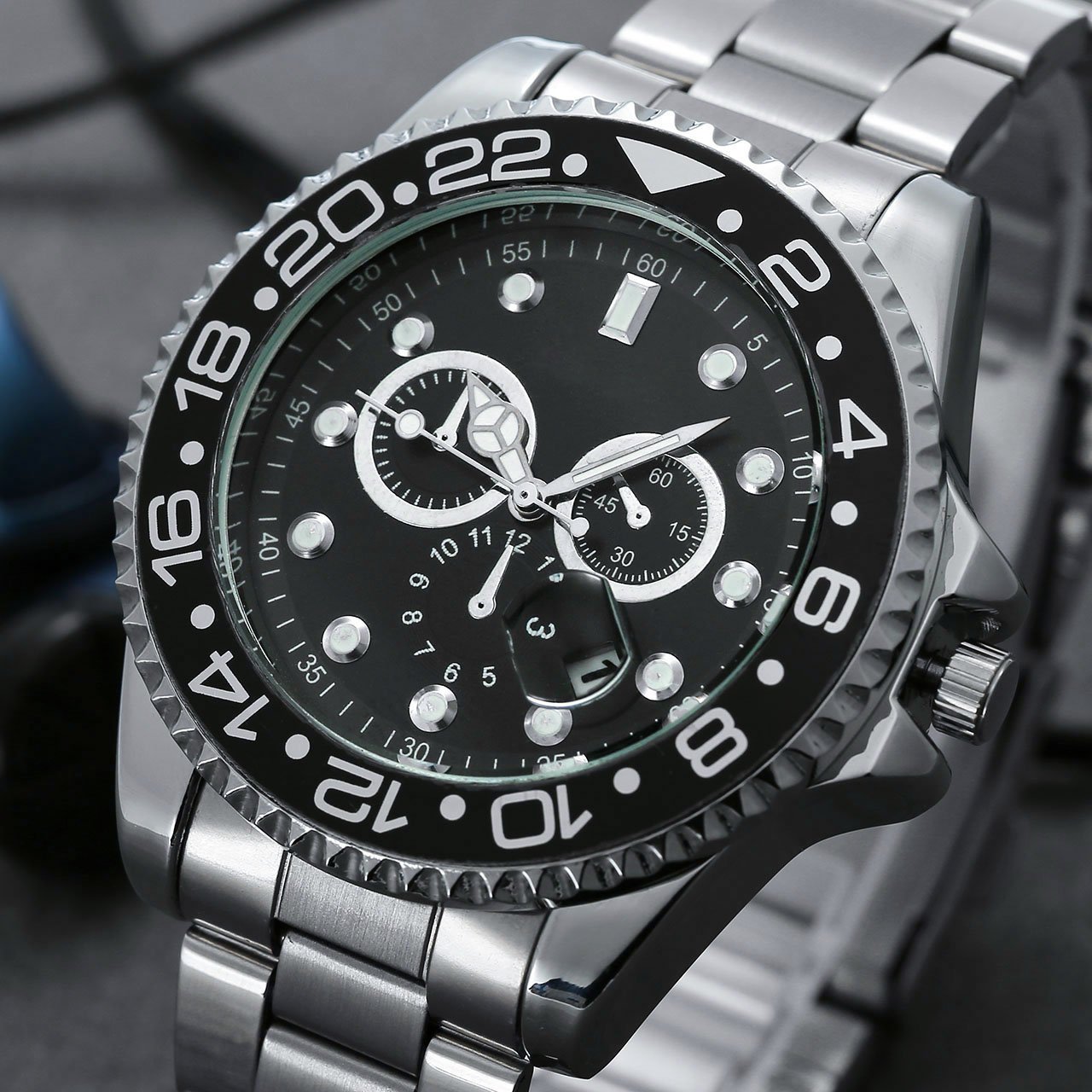 Top Plaza Men\'s Fashion Casual Full Steel Sports Watch 30M Waterproof Arabic Numerals Classic Business Second Hand Calendar Analog Quartz Wrist Watch(Black Dial Silver Band)