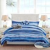 Holawakaka Beach Stripe Bedding Sets 6 Pieces, Blue Coastal Striped Comforter Set Queen Size All Season Geometric Bed Set, Nautical Bed in a Bag with Comforter, Sheets and Shams