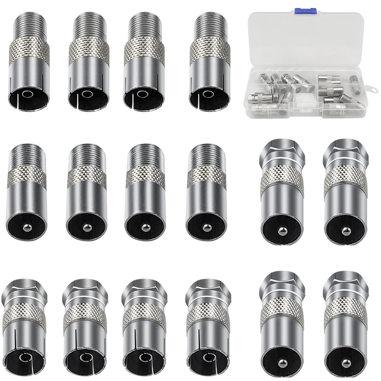 CiShow 16pcs F/T Plug Type Male to Female Coaxial Socket Adapter Satellite TV Aerial Coax RF Cable Coupling Connector Adaptor for Compatible with Internet A/V Device Port Digital Audio Video (Silver)