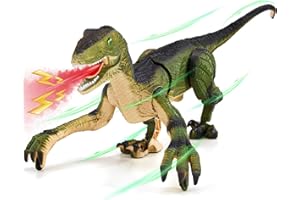 Aotrytion Remote Control Dinosaur Toys for Kids, Dinosaur Toys for Boys Big Walking Velociraptor Dino with Light Sound and Spray Stream Birthday