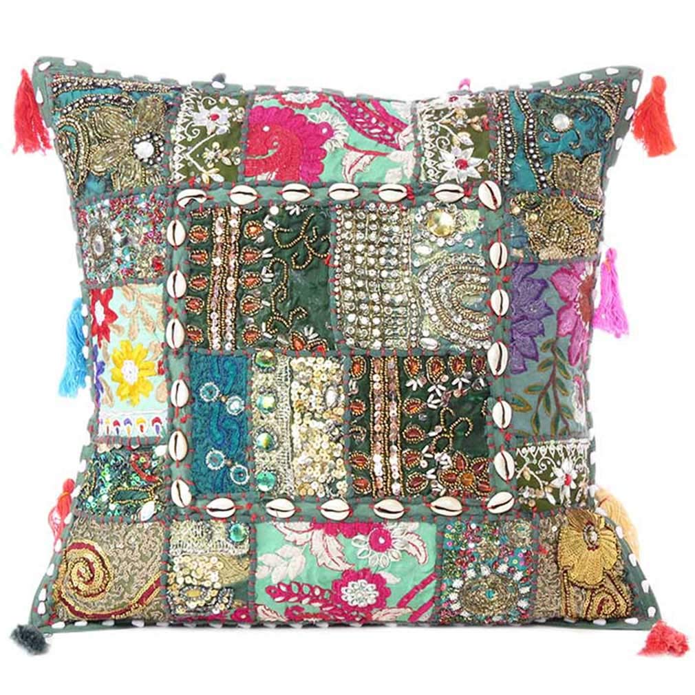 Eyes of India Decorative Patchwork Boho Throw Pillow Cover, Colorful Cushion Case for Sofa Couch, Bohemian Handmade Accent Bedroom Living Room, 16x16 inch (40x40 cm), Dark Green