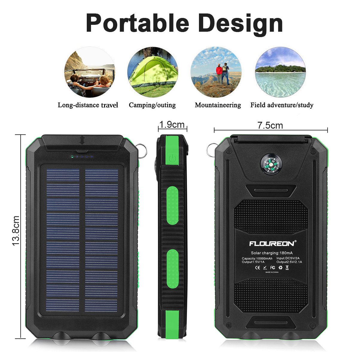 FLOUREON 10,000mAh Solar Charger Power Bank Portable Solar Powered Phone Charger with Dual LED Flashlight Super Bright External Battery Charger with Dual 1.0A/2.1A for iPhone 8/ 8 Plus/ X/ 7/ 6s, Samsung Galaxy S8/ S7/ S6 and More (Green)