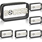 Reallnaive 6 Pcs Soccer Clear Cosmetic Makeup Bag with Chenille Letter Patch Sport Goodie Clear PVC Pouch Organizer Waterproof Travel Toiletry Bags for Sports Theme Birthday Party Supplies