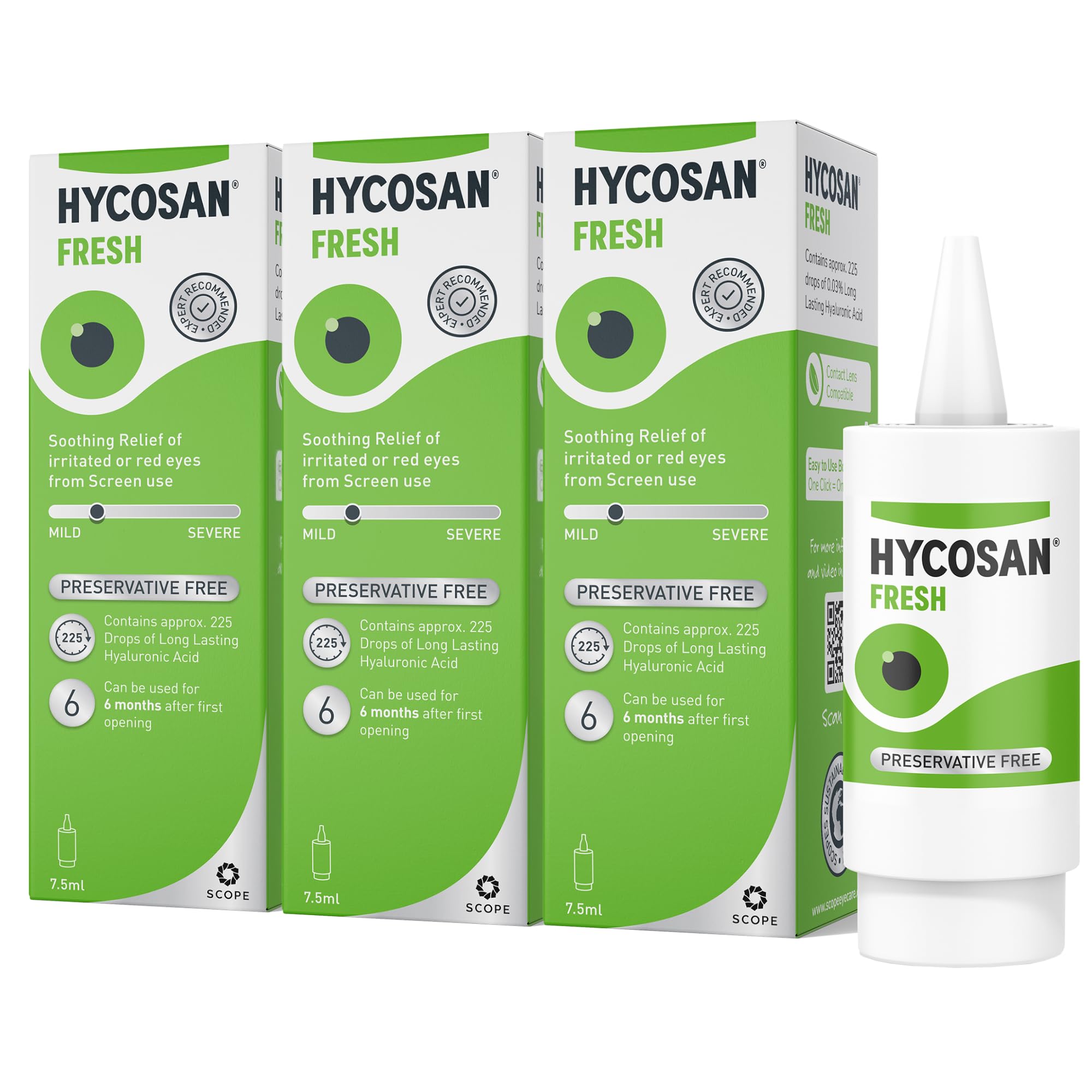 Hycosan Fresh Preservative Free Eyedrops - Contains 0.03% Sodium Hyaluronate and Euphrasia to Reduce Eye Redness - 7.5ml - 3 Pack