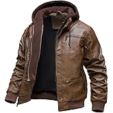 HOOD CREW Men’s Faux Leather Jackets Vintage Motorcycle Bomber jacket with Removable Hood