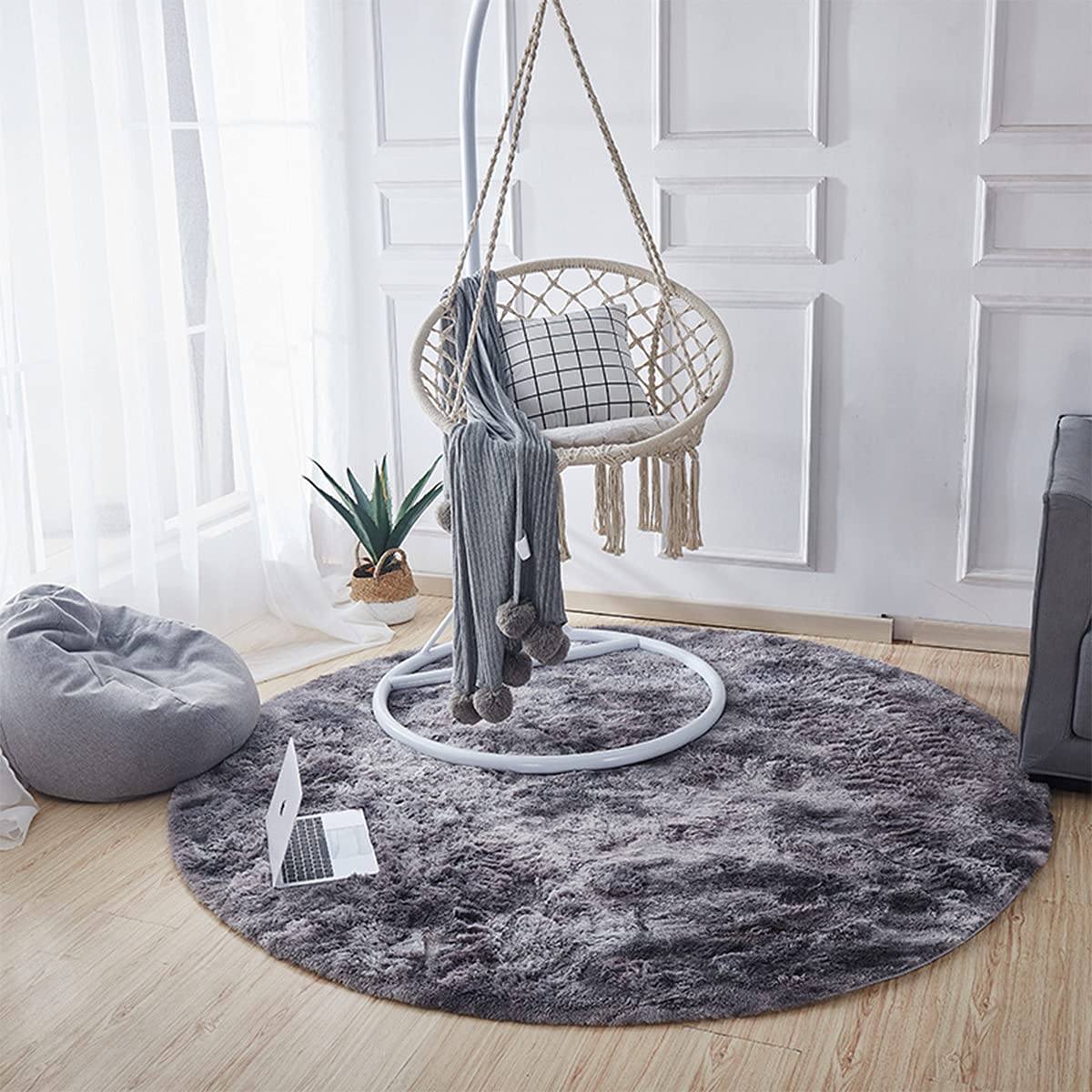 Tinyboy-hbq Round Area Rugs Fluffy Bedroom Rug Shaggy Bedroom Bedside Household Carpet Soft Modern Plush Carpets Suitable for Home Decor(Black grey, Diameter 160cm)