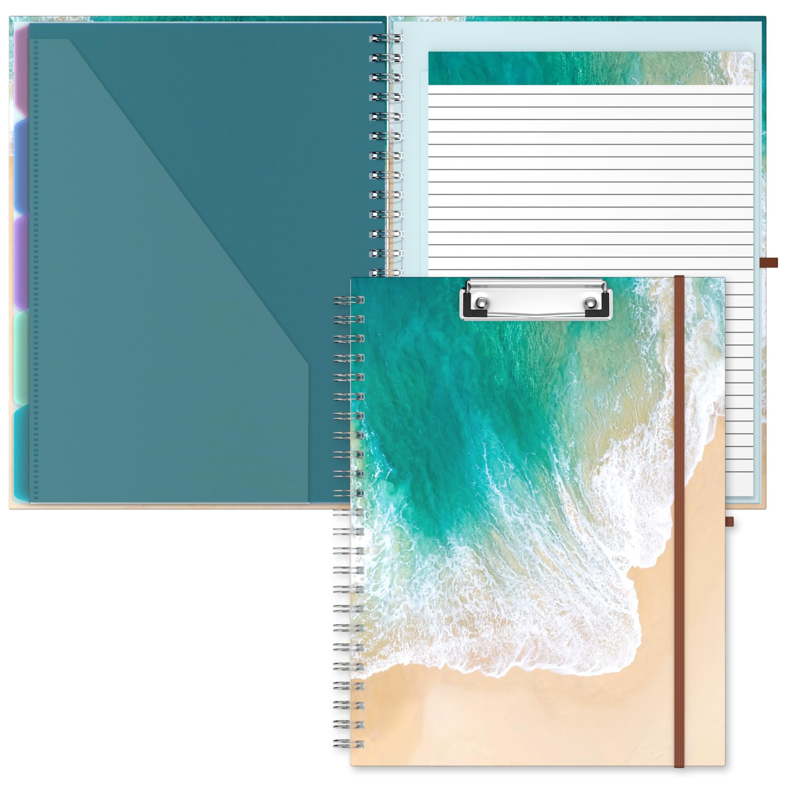Hnogri Clipboard Folio with Refillable Lined Notepad, Clipboards with 5 A4 Folders Storage 10 Pockets, Spiral Clip Board Portfolio, Size 12.8" x 9.7", Office Supplies, School Supplies, Beach