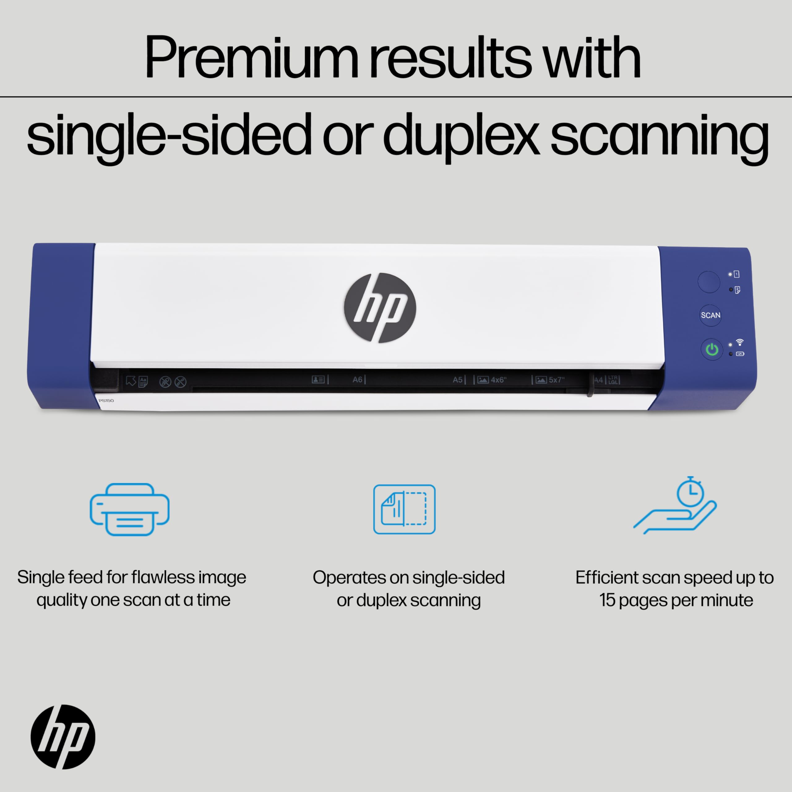 HP PS150 Portable Document Scanner | Compact, Portable, Wireless Digital Scanner with Duplex Mode for Home & Office | Rechargeable, USB & Wi-Fi Direct, Compatible with Mac & Windows PC and Laptop