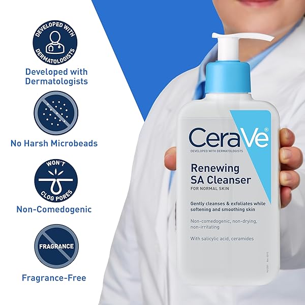 CERAVE RENEWING SALICYLIC ACID CLEANSER, FORMULATED WITH HYALURONIC ACID, NIACINAMIDE, & CERAMIDES, GENTLE BHA EXFOLIATING FACE WASH SMOOTHS & SOFTENS SKIN, NON COMEDOGENIC & FRAGRANCE FREE, 16 OUNCE