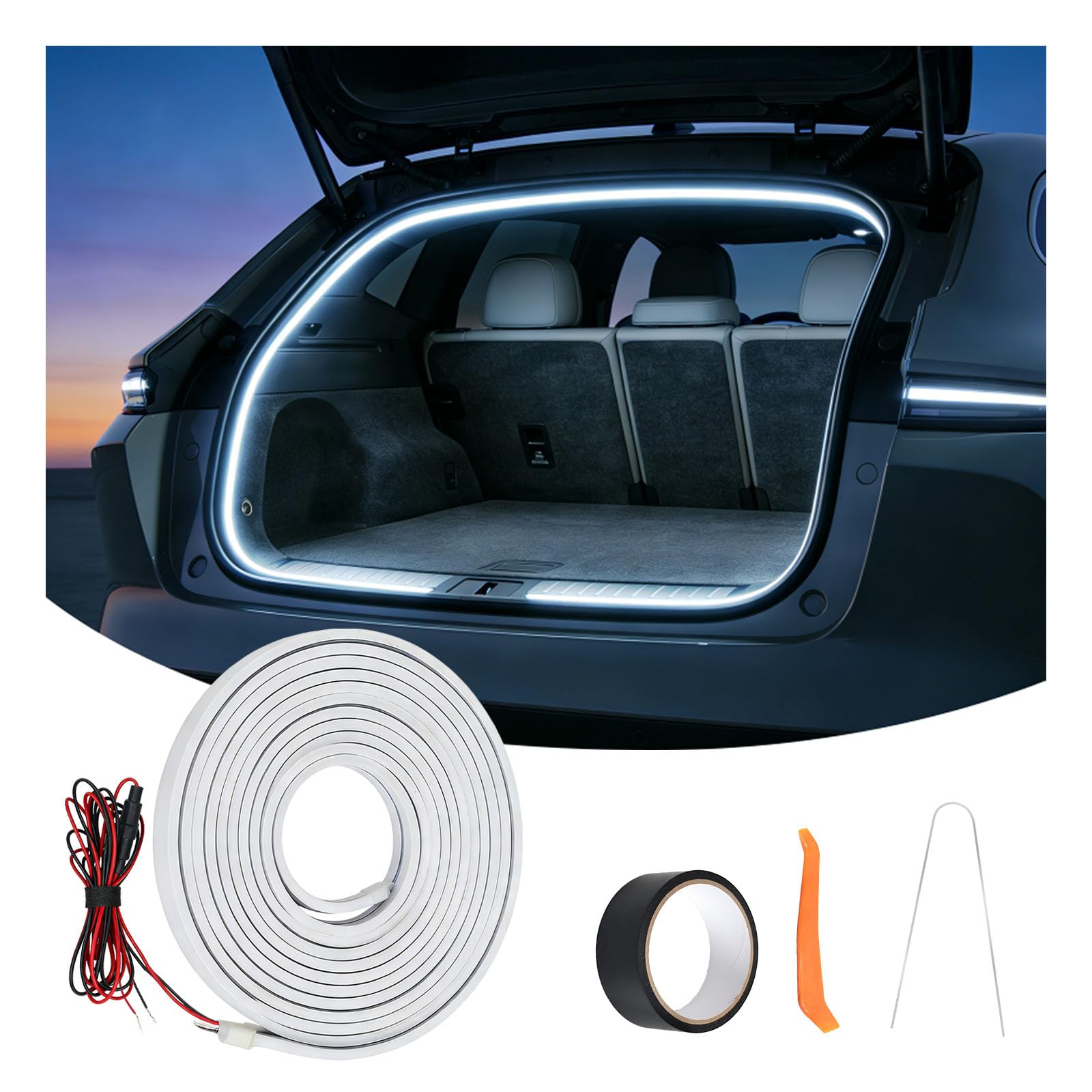 Photo 1 of Car LED Strip Lights, 4m/13.12ft Waterproof Car Trunk Light Strip, White Color 6000k, Flexible Cutting Silicone, Auto On/Off, Low Voltage 12V LED Strip Lights for Cars