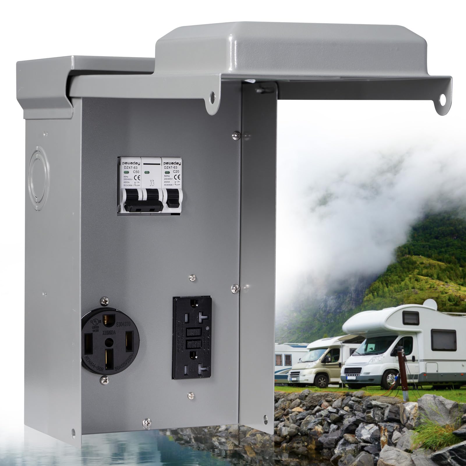 Photo 1 of 50 Amp RV Outlet Box, RV Electrical Panel with UL Listed 50 amp+GFCI 20 amp Receptacle Installed, Temporary Power Outlet Panel Prewired Unmetered, Weatherproof