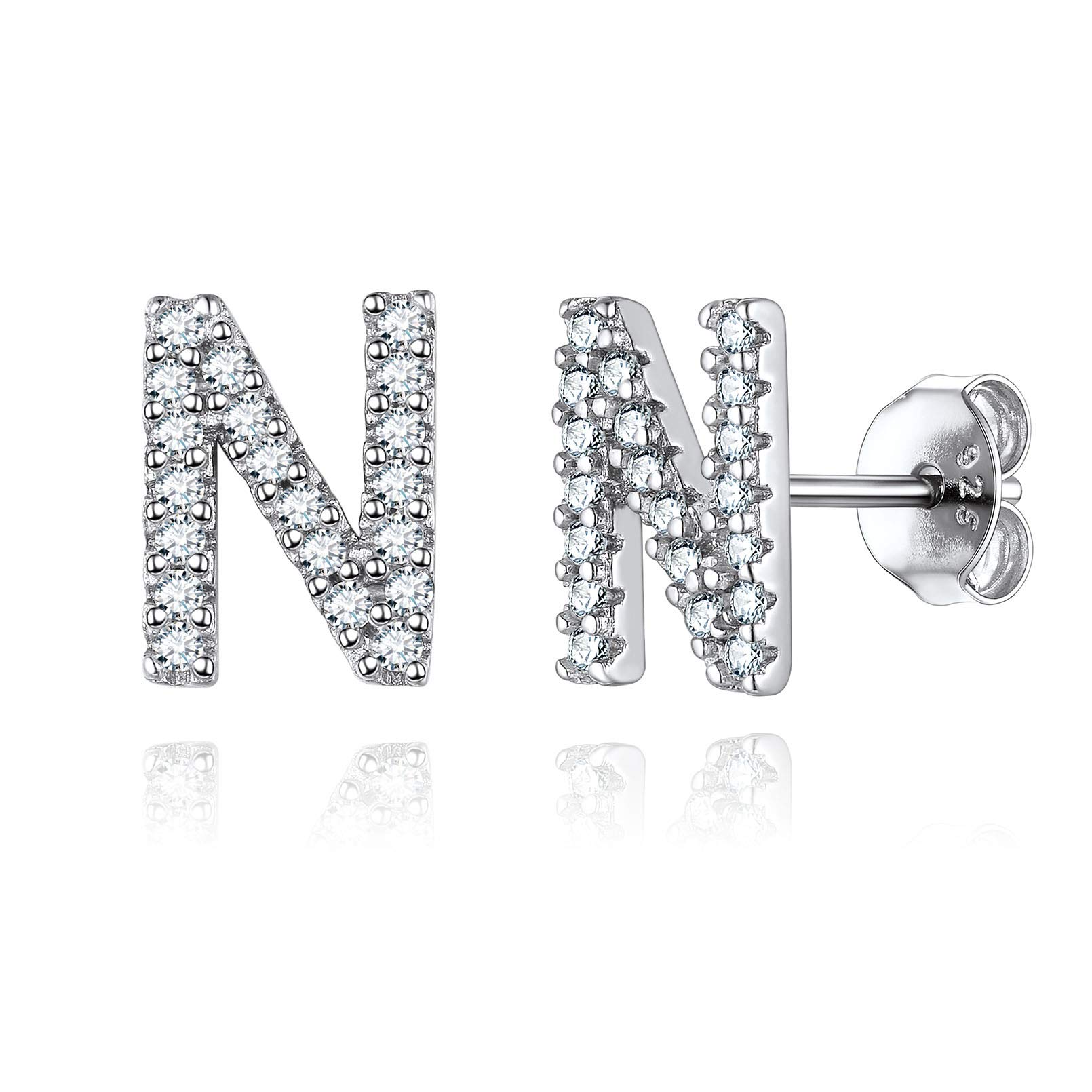 ChicSilver Initial Letter N Stud Earrings for Women with Cubic Zirconia Sterling Silver Name Jewelry Alphabet Earring Hypoallergenic