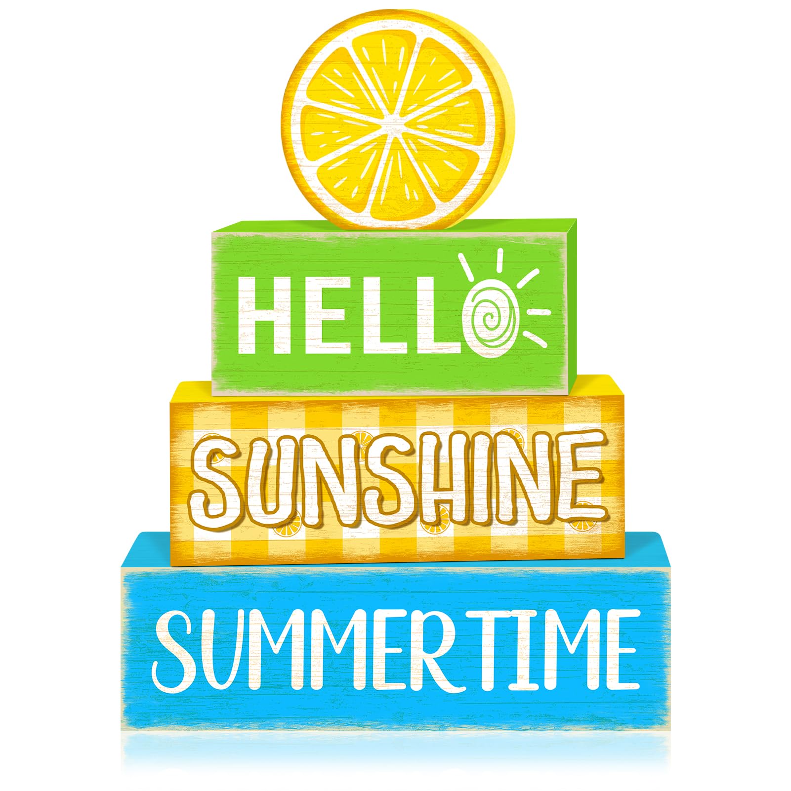 Photo 1 of TOMPOP 4 Pcs Summer Lemon Decor Wooden Tiered Tray Sign, Farmhouse Rustic Lemon Table Decor Book Stack Block Hello Sunshine Summer Decorations for Home Office Kitchen Mantel Shelf