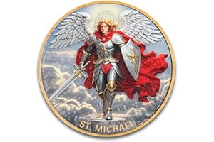 LEABET St. Michael & Psalm 91:10-11 Challenge Coin - Single-Sided Full-Color Angel Art with Dual 3D Engraved Zinc Alloy (1.57 Inch) | Religious Shield, Sword & Olive Branch Design