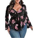 Floerns Women's Plus Size Floral Long Sleeve Tie Front Hanky Hem Mesh Blouse Tops