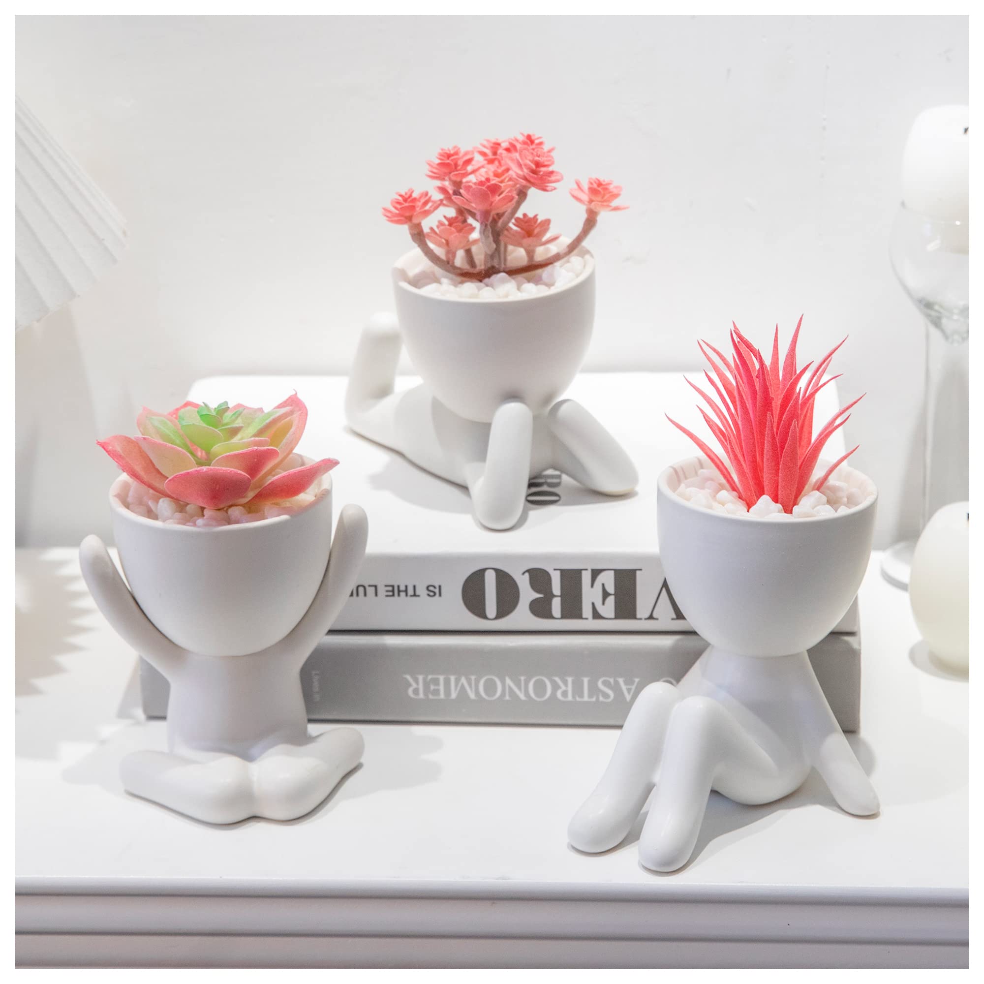 Photo 1 of VENY TAYA 3PCS Human-Shaped Potted Artificial Plants Office Decor for Women and Men, Small Fake Plants Decor for Bedroom and Bathroom, Cute Faux Succulent Desk Decor for Office and Home, Pink
