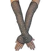 Women's Long Fingerless Sheer Gloves Rhinestone Elbow Length Mesh Tulle Arm Sleeves for Opera Wedding Prom Party
