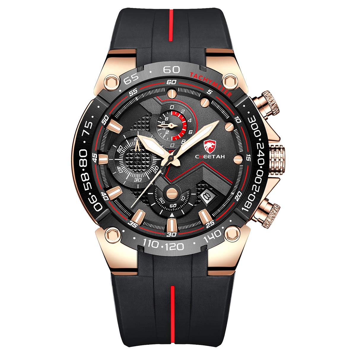 Affute Mens Watches Sports Waterproof Chronograph Watch with Silicone Strap, Date, Luminous Quartz Wristwatch (Rose Gold Black)