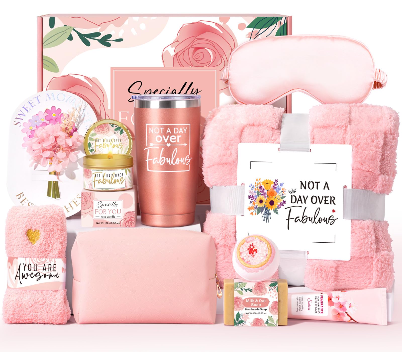 Photo 1 of Birthday Gifts for Women Self Care Friendship Gifts, Rose Relaxing Spa Gifts Basket Care Package w/ Luxury Flannel Blanket 20 Oz Tumbler, Unique Mothers Day Gift Idea for Mom Her Friend Sister Wife