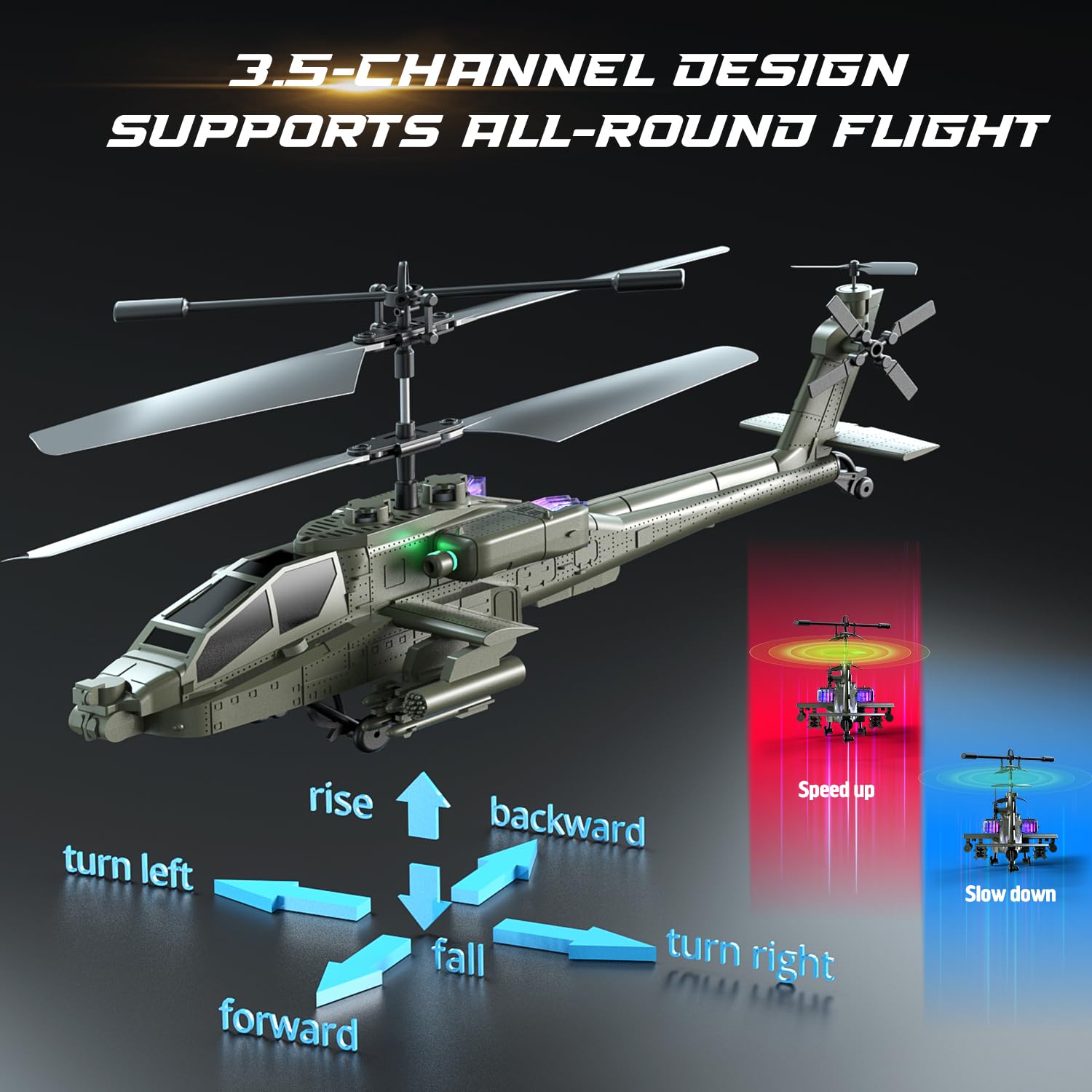 VATOS Ferngesteuerte Helikopter für Kinder, 2.4GHz Hubschrauber Ferngesteuert mit 2 Akkus & EIN-Knopf-Start, Military RC Helikopter Spielzeug Geschenke für Jungs oder Anfänger ab 8 Jahre 5
