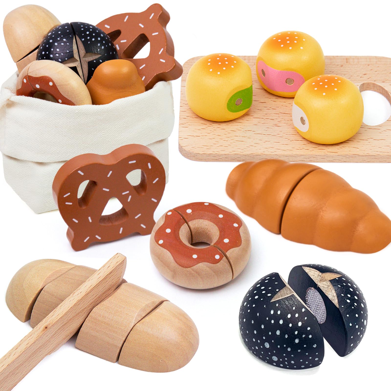 Photo 1 of Masonbaby Wooden Bakery Toy Play Food Sets for Kids Kitchen, Wooden Play Food Cutting Bread Set Pretend Play Food Birthday Gift for Boys & Girls