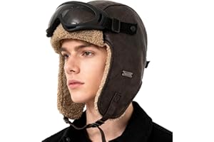 KAZZHA Vintage Pilot Hat with Goggles Costume Aviator Hat for Adult Leather Trapper Hat with Fur Ear Flaps for Winter Warm
