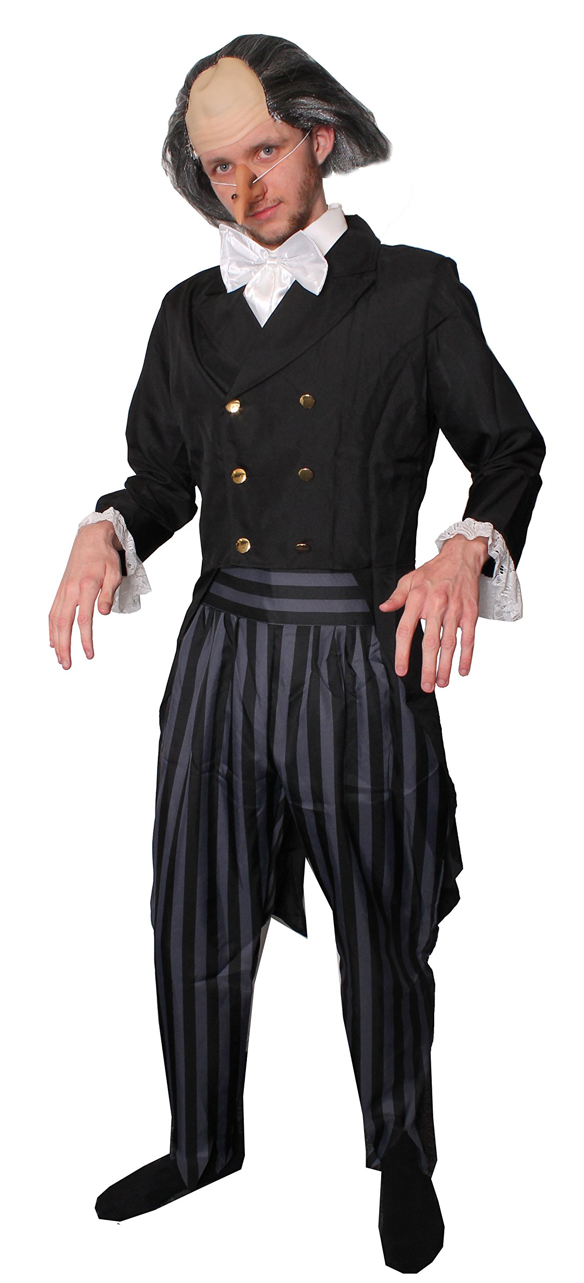 ADULTS DELUXE EVIL ORPHAN CATCHER COSTUME JACKET WITH STRIPED TROUSERS, BALD CAP WITH ATTACHED GREY HAIR AND LONG FAKE NOSE (X-LARGE)