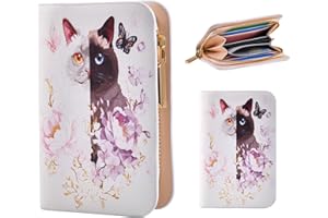 FiitCASE Cute Women Wallet, PU Little Women Coin Purse Wallet-Zipper Pocket Wallet,Small Slim Thin Credit Card Wallet for Female Ladies Teen Girls Girly,Cat Pattern (Azure&EmberDuet)