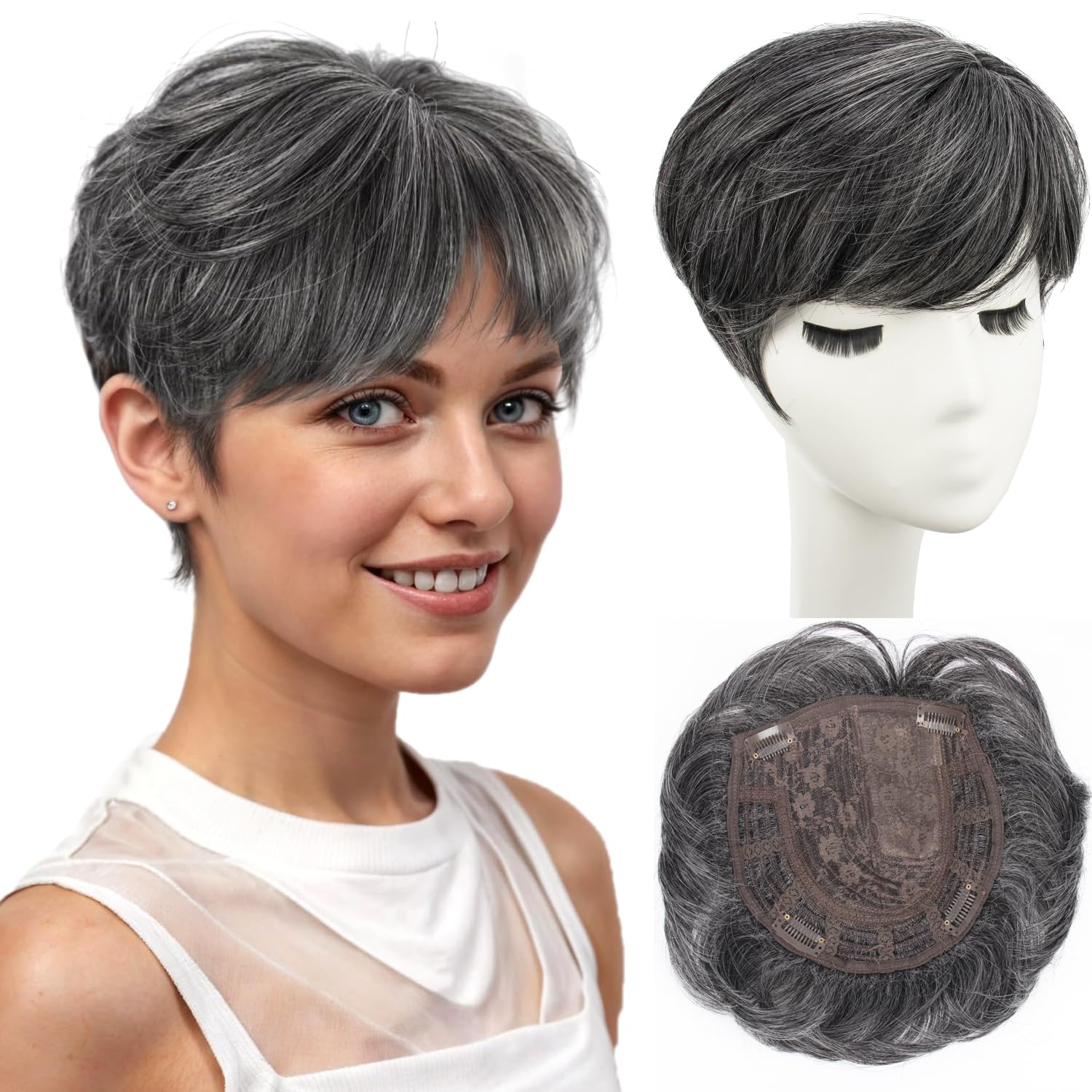PORSMEER Ladies Magic Pixie Hair Topper Clip in for women Thinning Hair Black Grey, Natural Looking Synthetic Hair Pieces Replacement Wiglets with Fringe Add Hair Volume