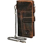Handadsume Genuine Crazy Horse Leather Travel Gift Coin Pocket Card Case Long Organizer Chain Rfid Wallet Purse With Snap For Men Male 1803 1815 (1803B-Brown)