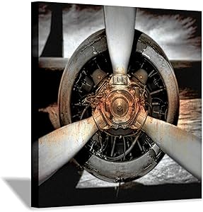 Airplane Propeller Canvas Wall Art: Plane Engine Artwork Vintage Aircraft Painting Print Pictures for Office (24'' x 24'' x 1 Panel)