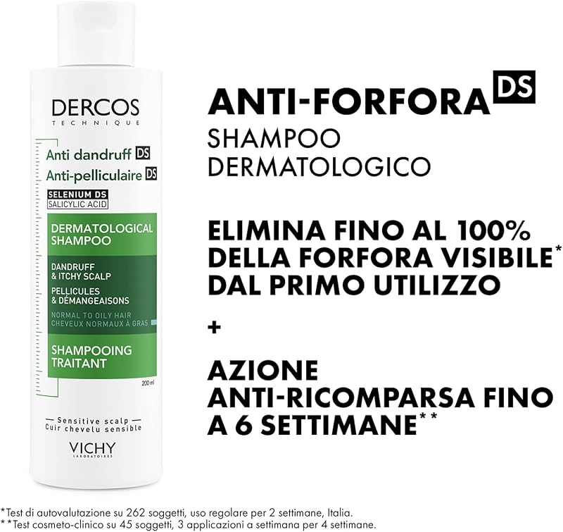 Dercos, Shampoo Anti-Forfora DS, Per Capelli da Normali a Grassi, Azione Riequilibrante, Effetto Anti-Ricomparsa, Arricchito con Disolfuro di Selenio e Acido Salicilico, 200 ml