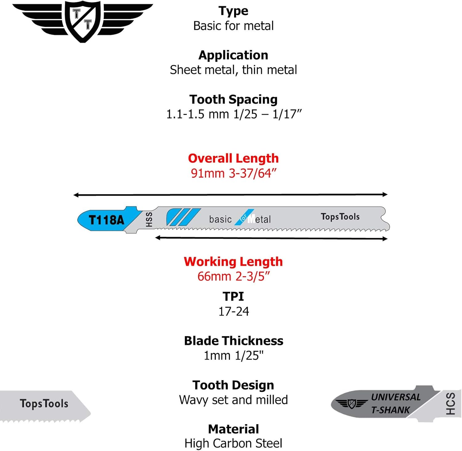 25 x TopsTools T118A 91mm Jigsaw Blades Designed for Metals, Black - Image 3