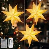 Lewondr Christmas Paper Star Lantern 3 Pack | Hanging Star Lights with Remote Control, Led Paper Lanterns with 6H Timer for Holiday Home Decoration