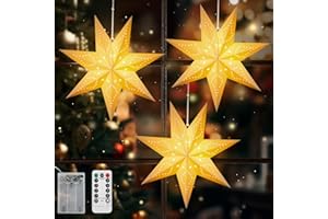 Lewondr Christmas Paper Star Lantern 3 Pack, Hanging Star Lights with Remote Control, Led Paper Lanterns with 6H Timer for Holiday Home Decoration